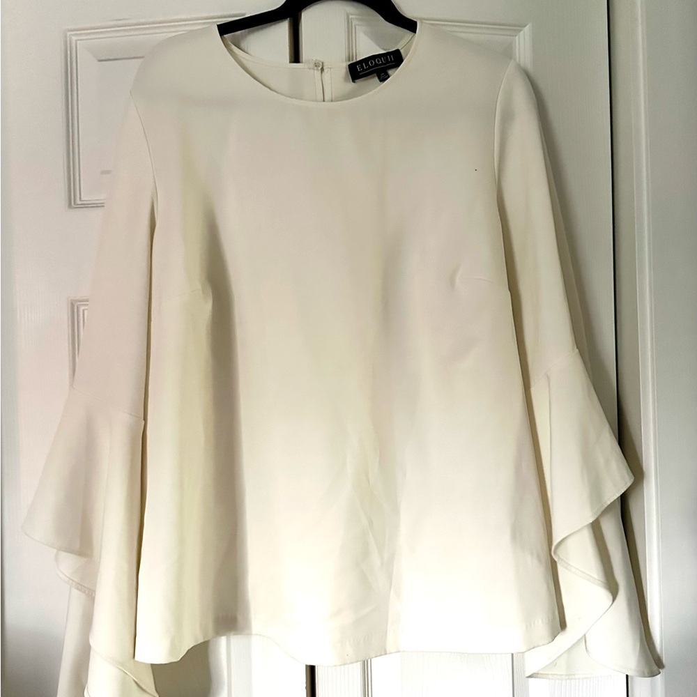 Eloquii Cream Asymmetrical Bell Sleeve Blouse